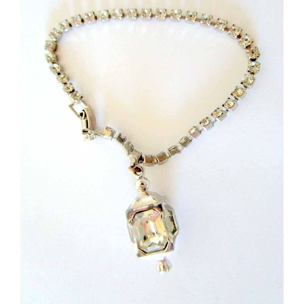 Weiss Vintage Estate Clear Rhinestone Bracelet Sparkly Large Clear Dangle Charm